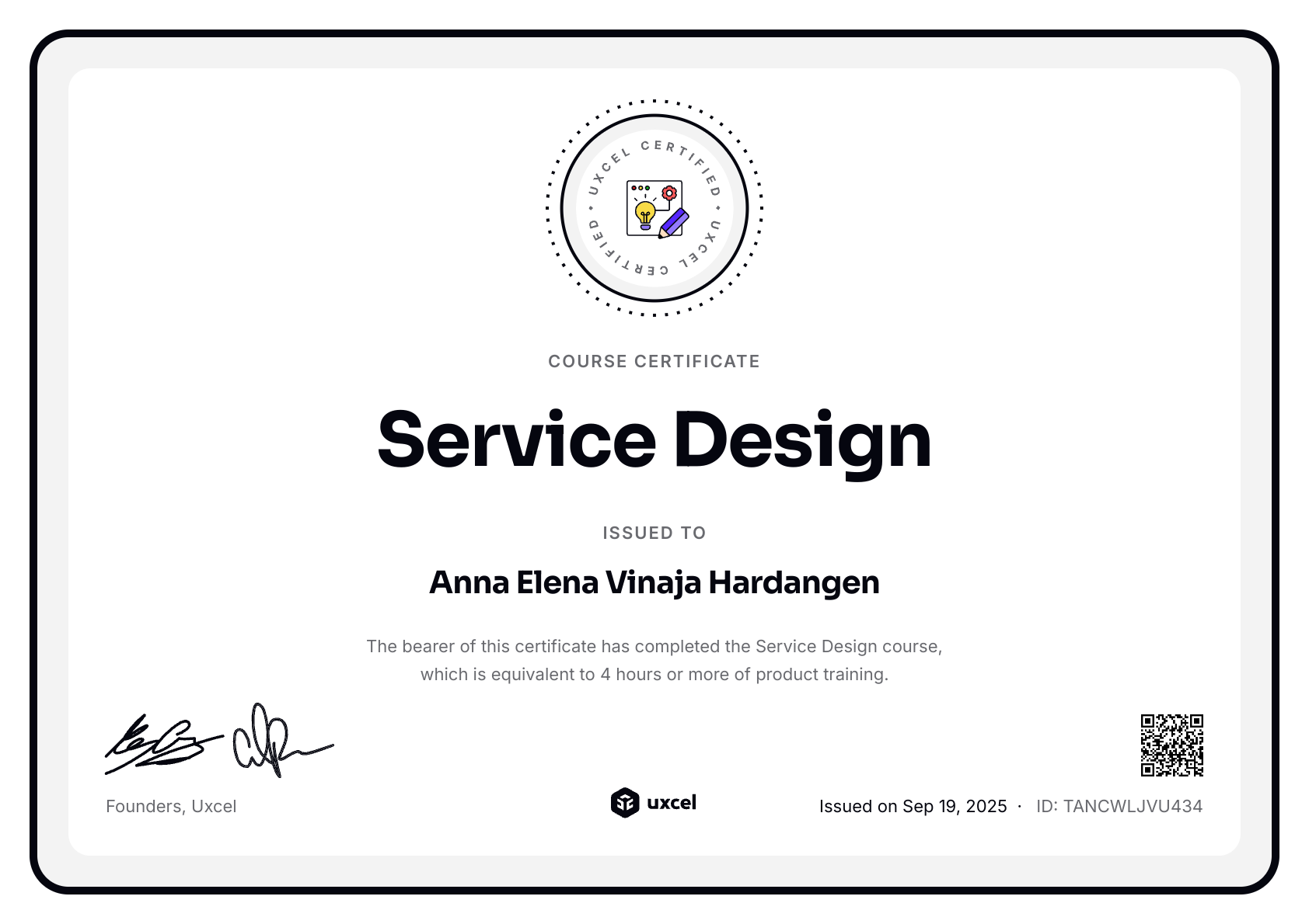 Anna Elena Vinaja Hardangen's certificate